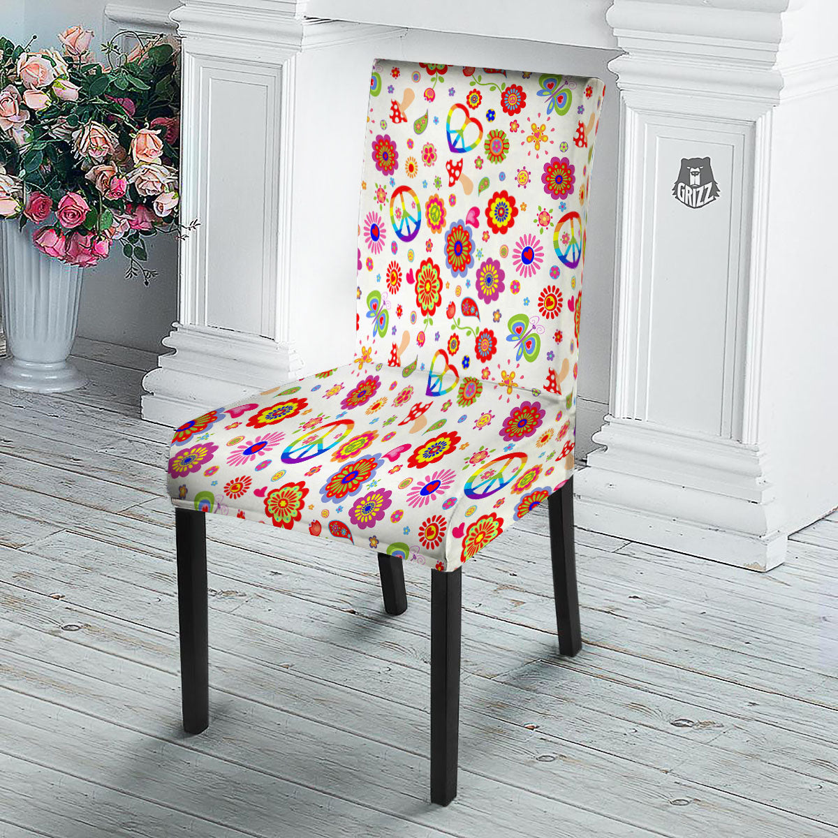 Heart Psychedelic Peace Sign Print Pattern Dining Chair Slipcover-grizzshop