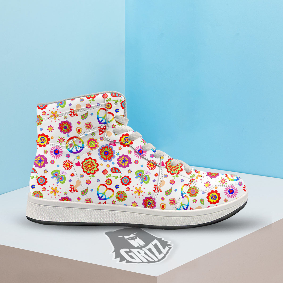 Heart Psychedelic Peace Sign Print Pattern High Top Sneakers-grizzshop