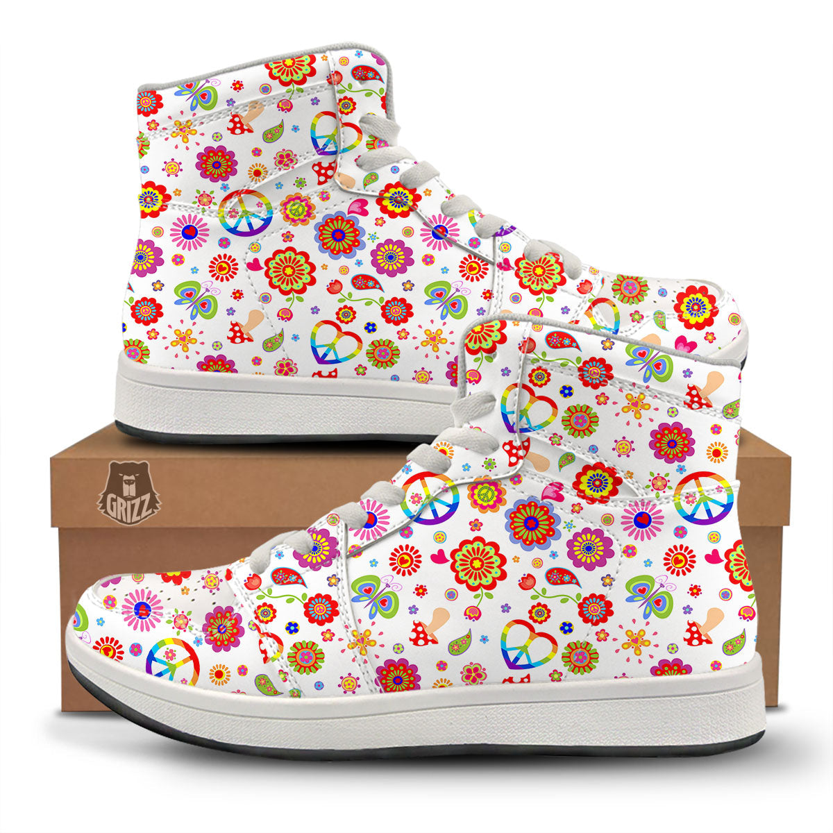 Heart Psychedelic Peace Sign Print Pattern High Top Sneakers-grizzshop