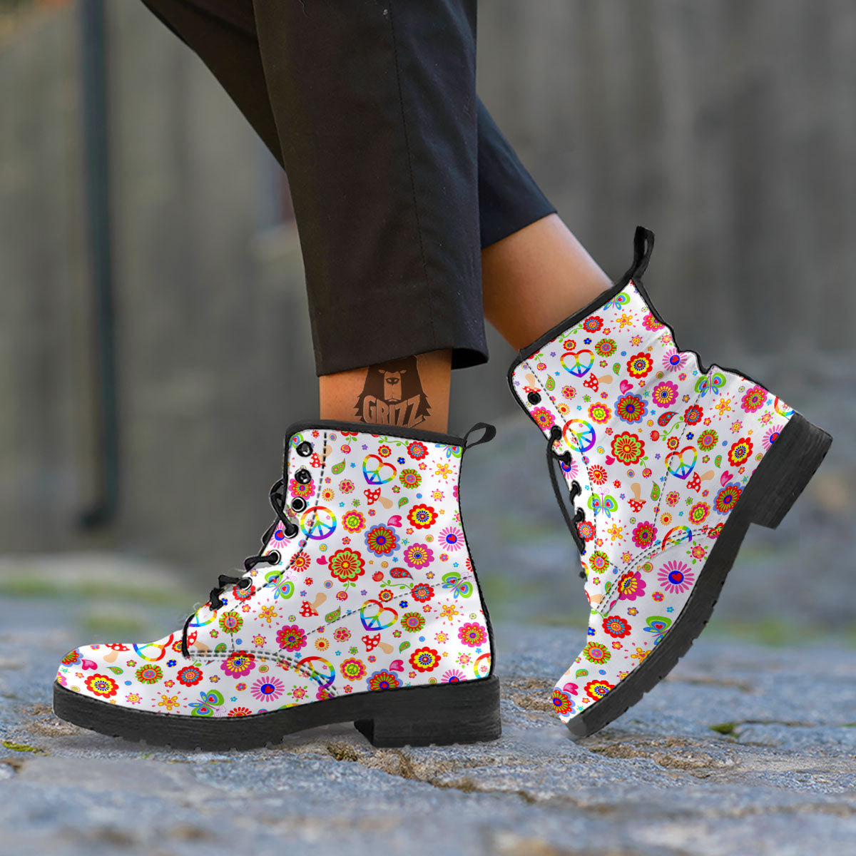 Heart Psychedelic Peace Sign Print Pattern Leather Boots-grizzshop