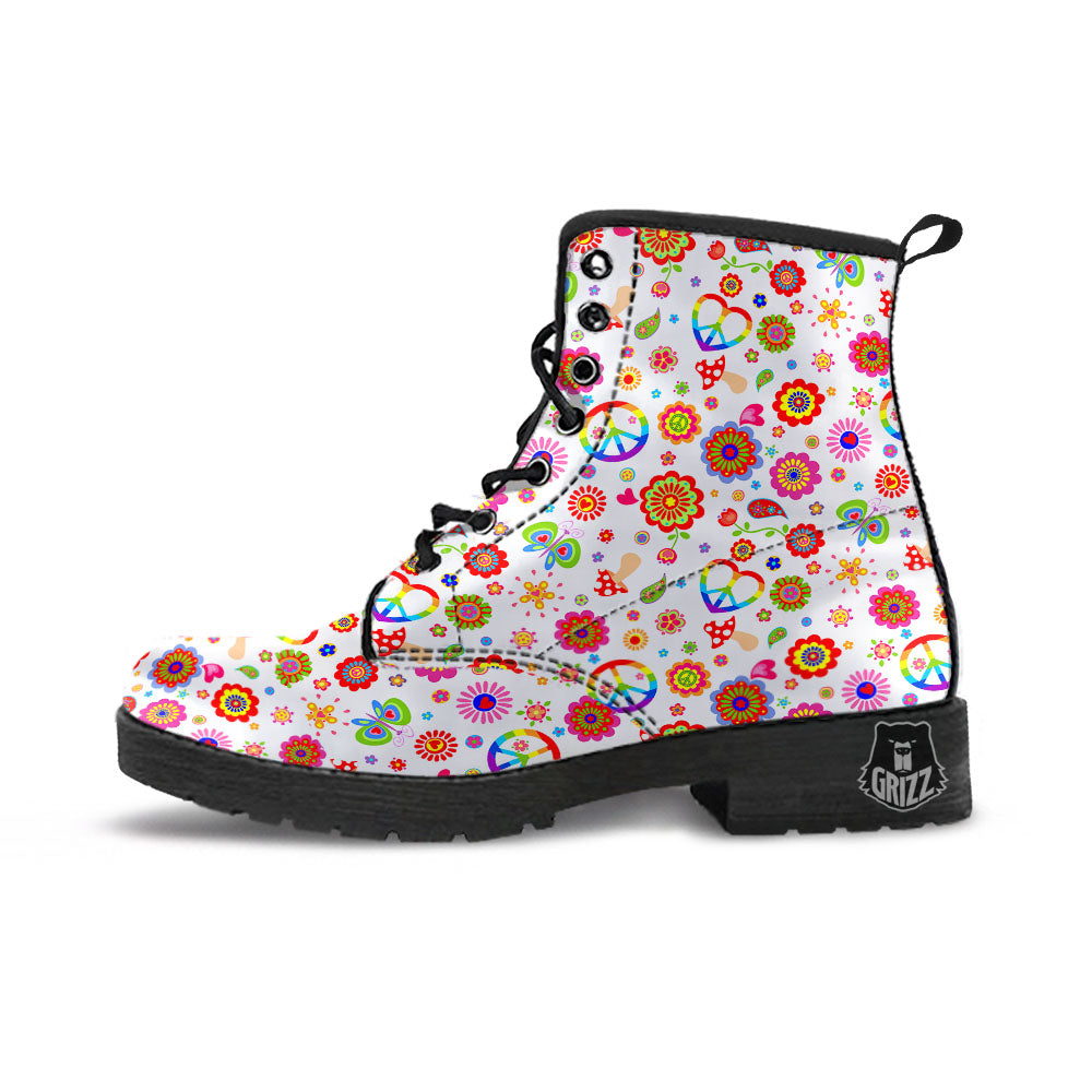 Heart Psychedelic Peace Sign Print Pattern Leather Boots-grizzshop