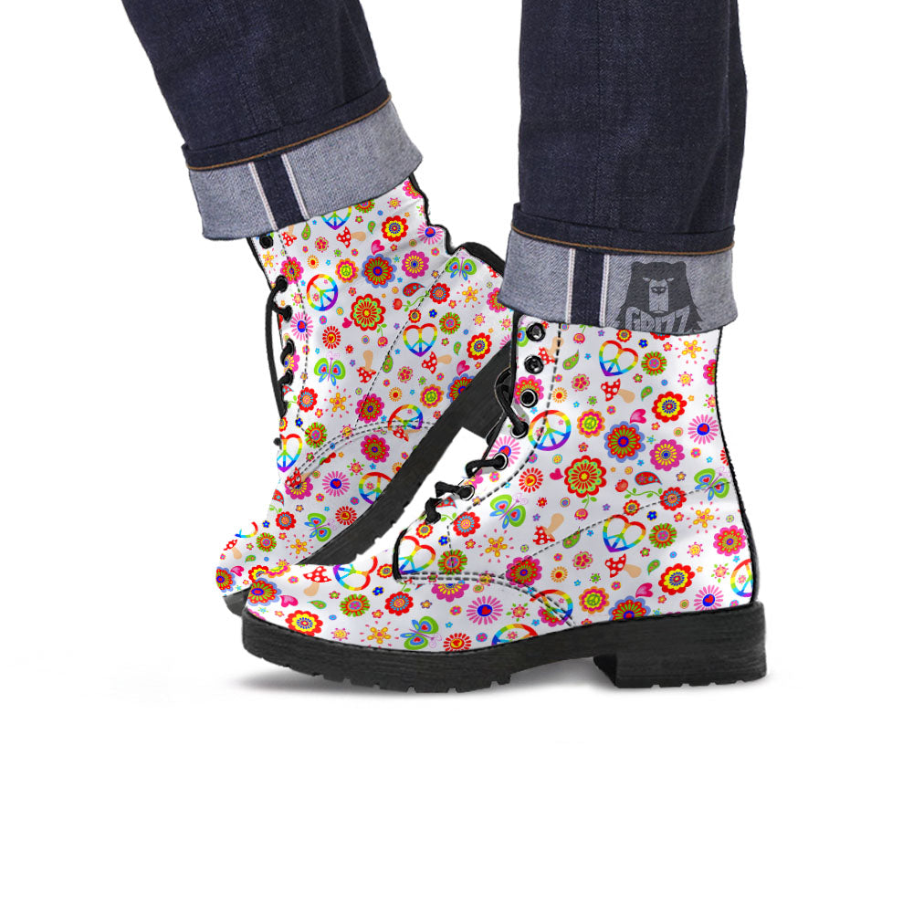 Heart Psychedelic Peace Sign Print Pattern Leather Boots-grizzshop