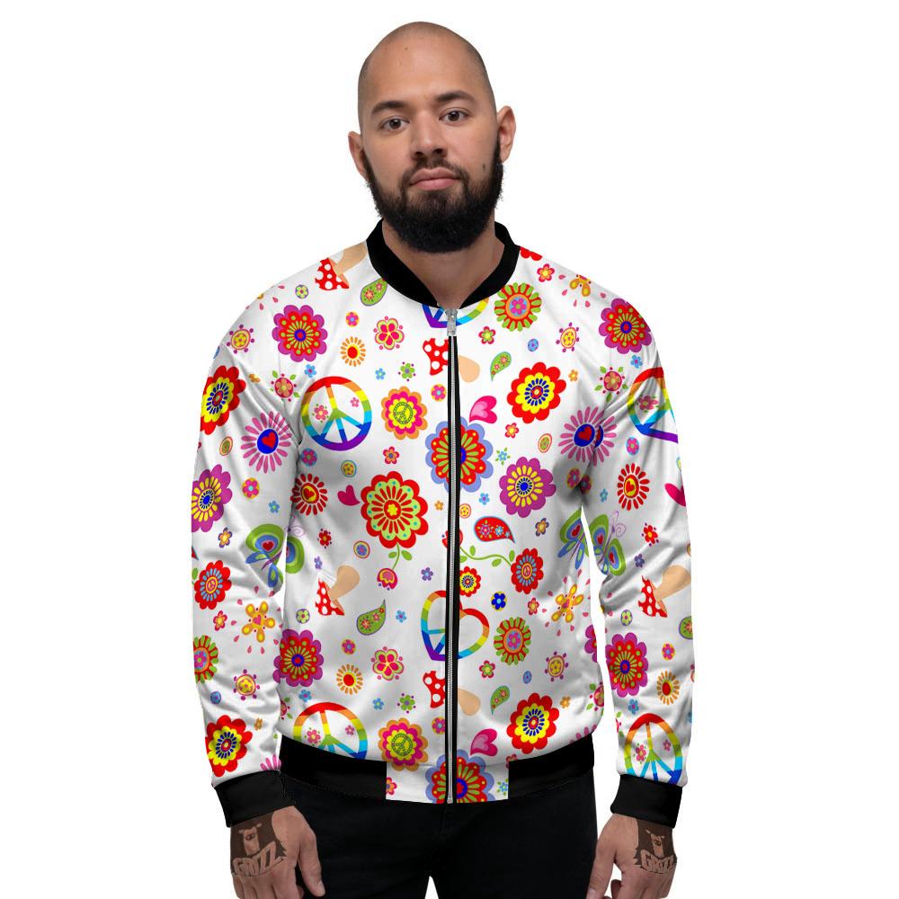 Heart Psychedelic Peace Sign Print Pattern Men's Bomber Jacket-grizzshop