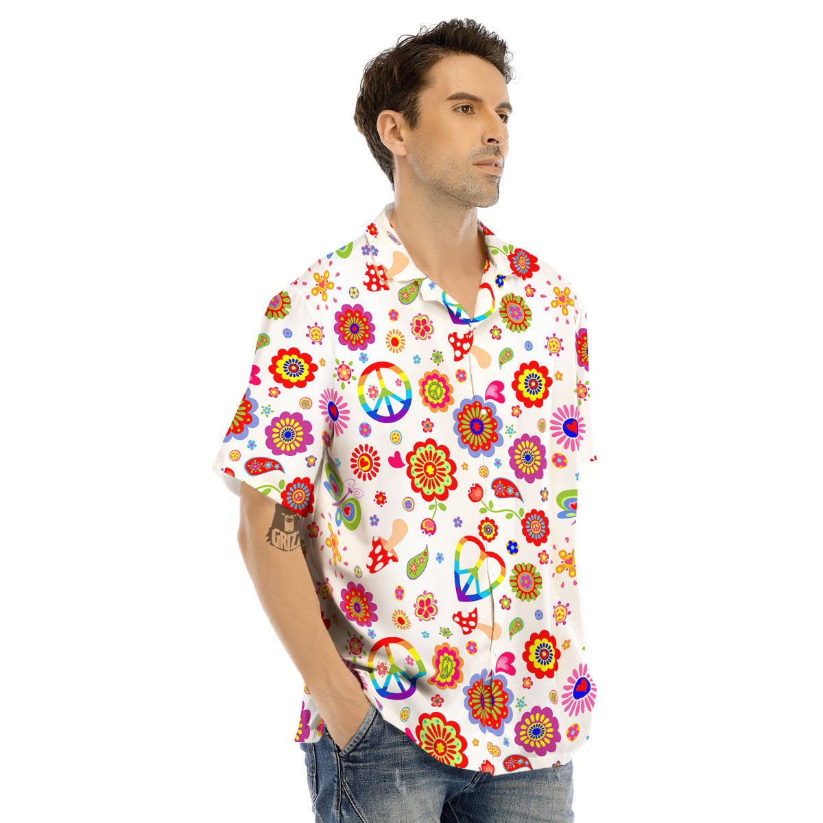 Heart Psychedelic Peace Sign Print Pattern Men's Hawaiian Shirt-grizzshop