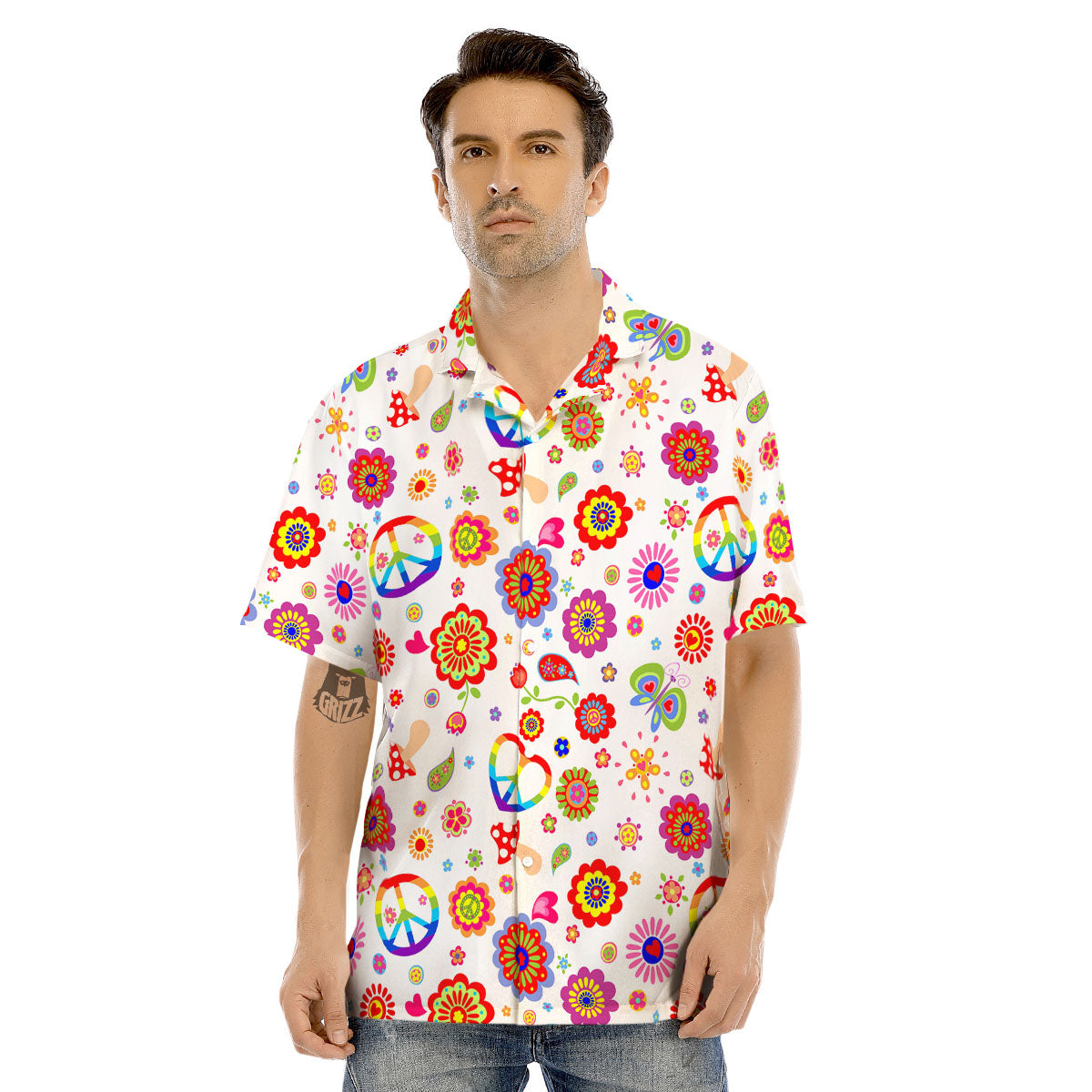 Heart Psychedelic Peace Sign Print Pattern Men's Hawaiian Shirt-grizzshop