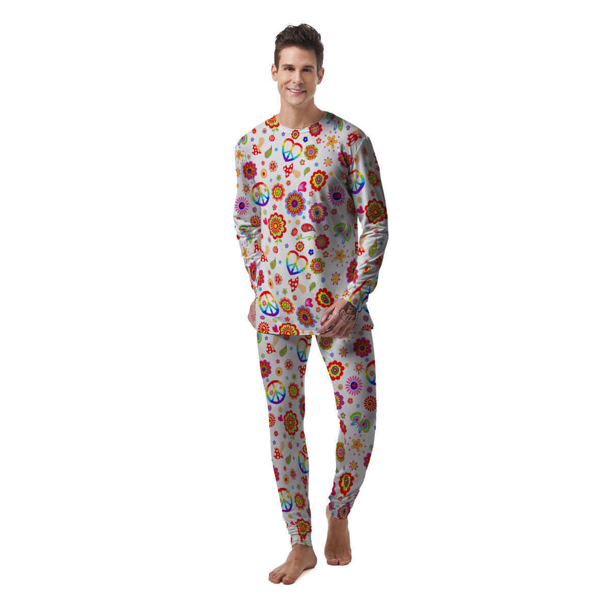 Heart Psychedelic Peace Sign Print Pattern Men's Pajamas-grizzshop