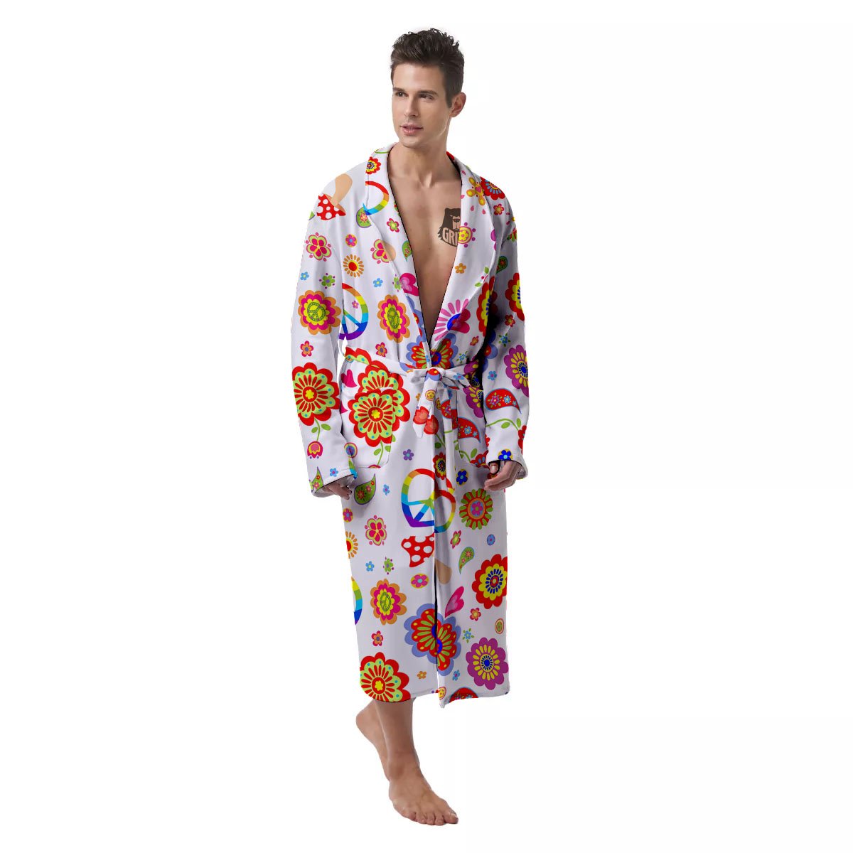 Heart Psychedelic Peace Sign Print Pattern Men's Robe-grizzshop