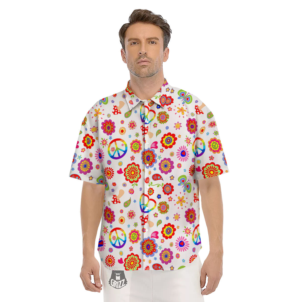 Heart Psychedelic Peace Sign Print Pattern Men's Short Sleeve Shirts-grizzshop