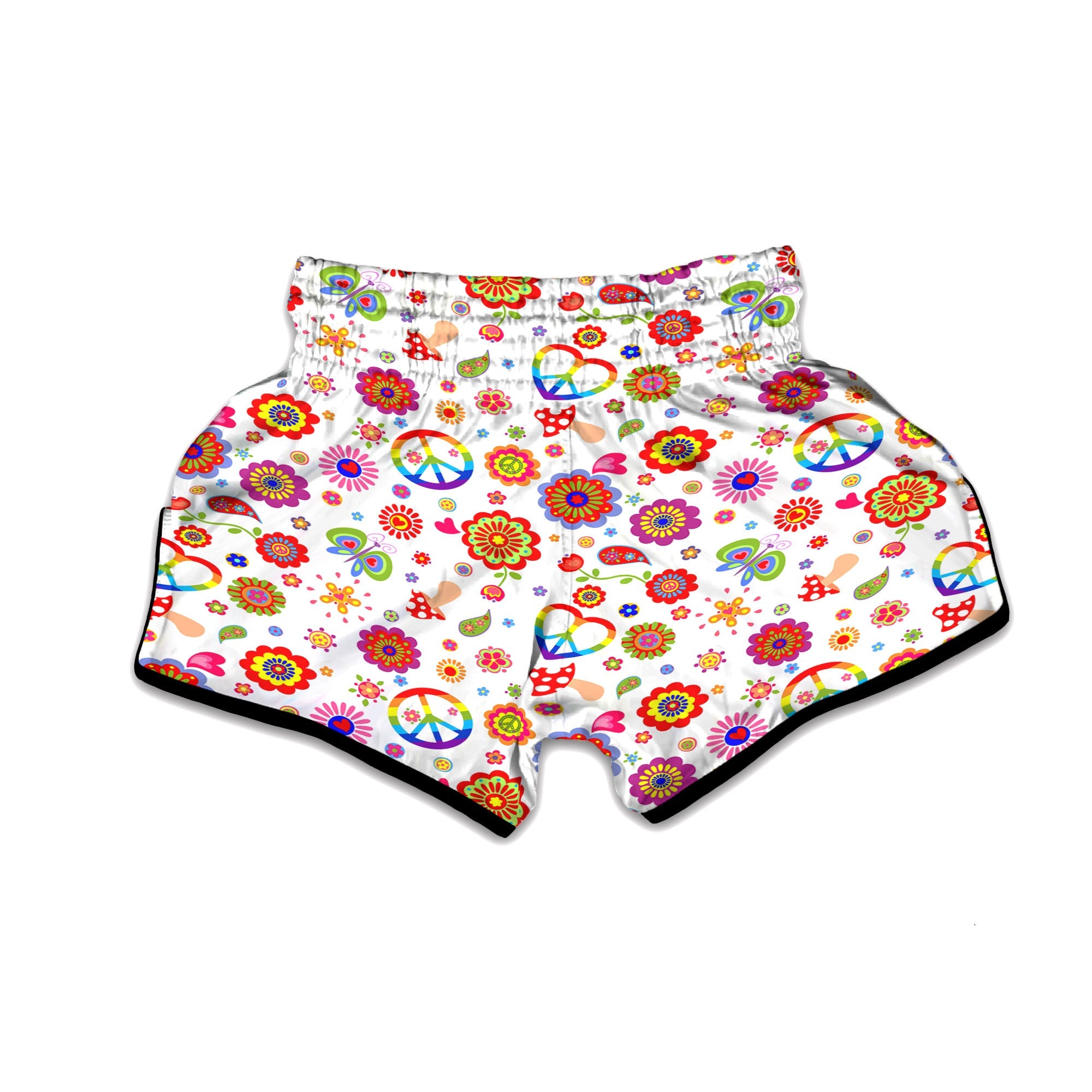 Heart Psychedelic Peace Sign Print Pattern Muay Thai Boxing Shorts-grizzshop