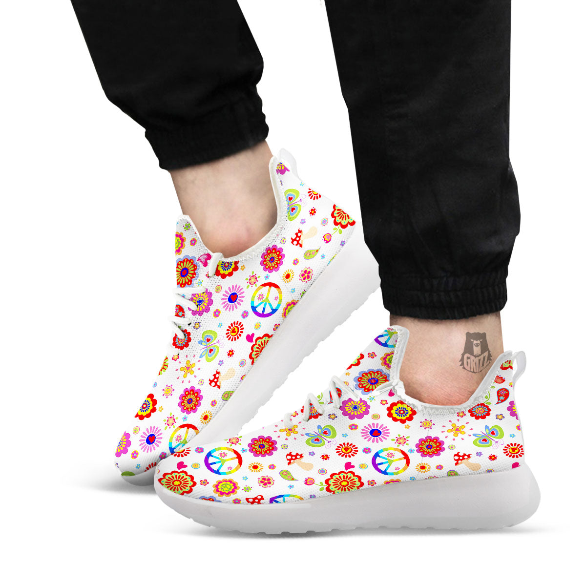 Heart Psychedelic Peace Sign Print Pattern White Athletic Shoes-grizzshop