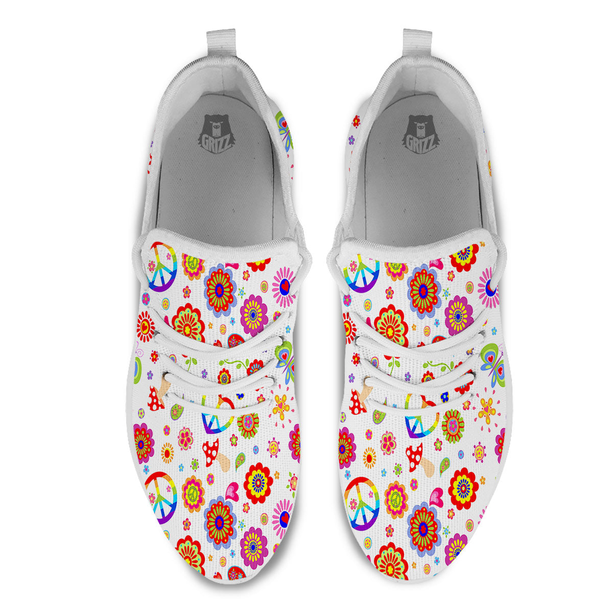 Heart Psychedelic Peace Sign Print Pattern White Athletic Shoes-grizzshop