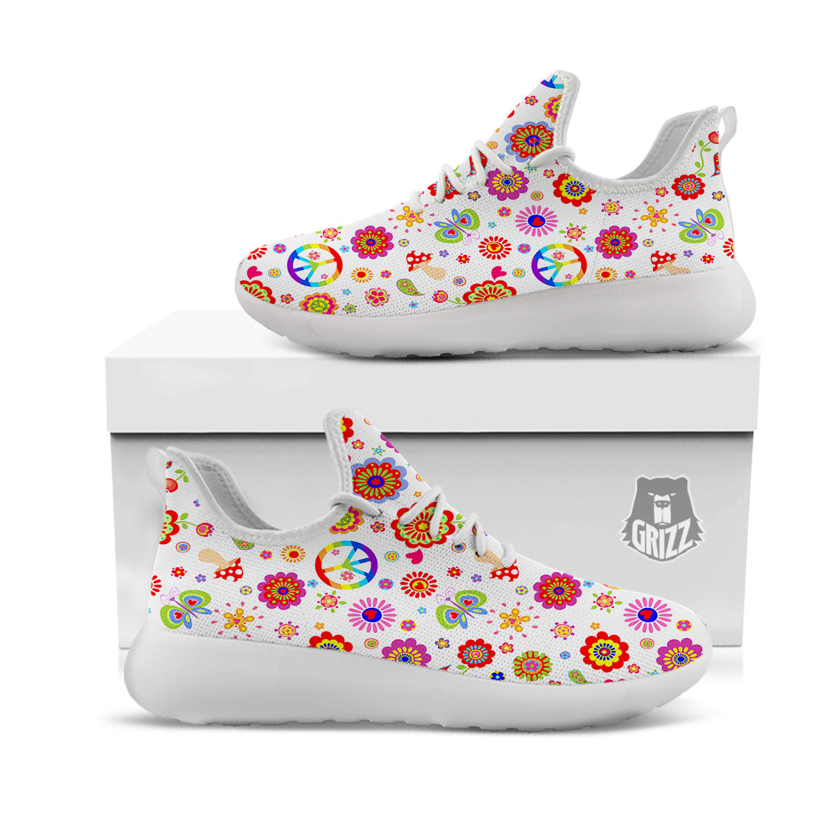 Heart Psychedelic Peace Sign Print Pattern White Athletic Shoes-grizzshop