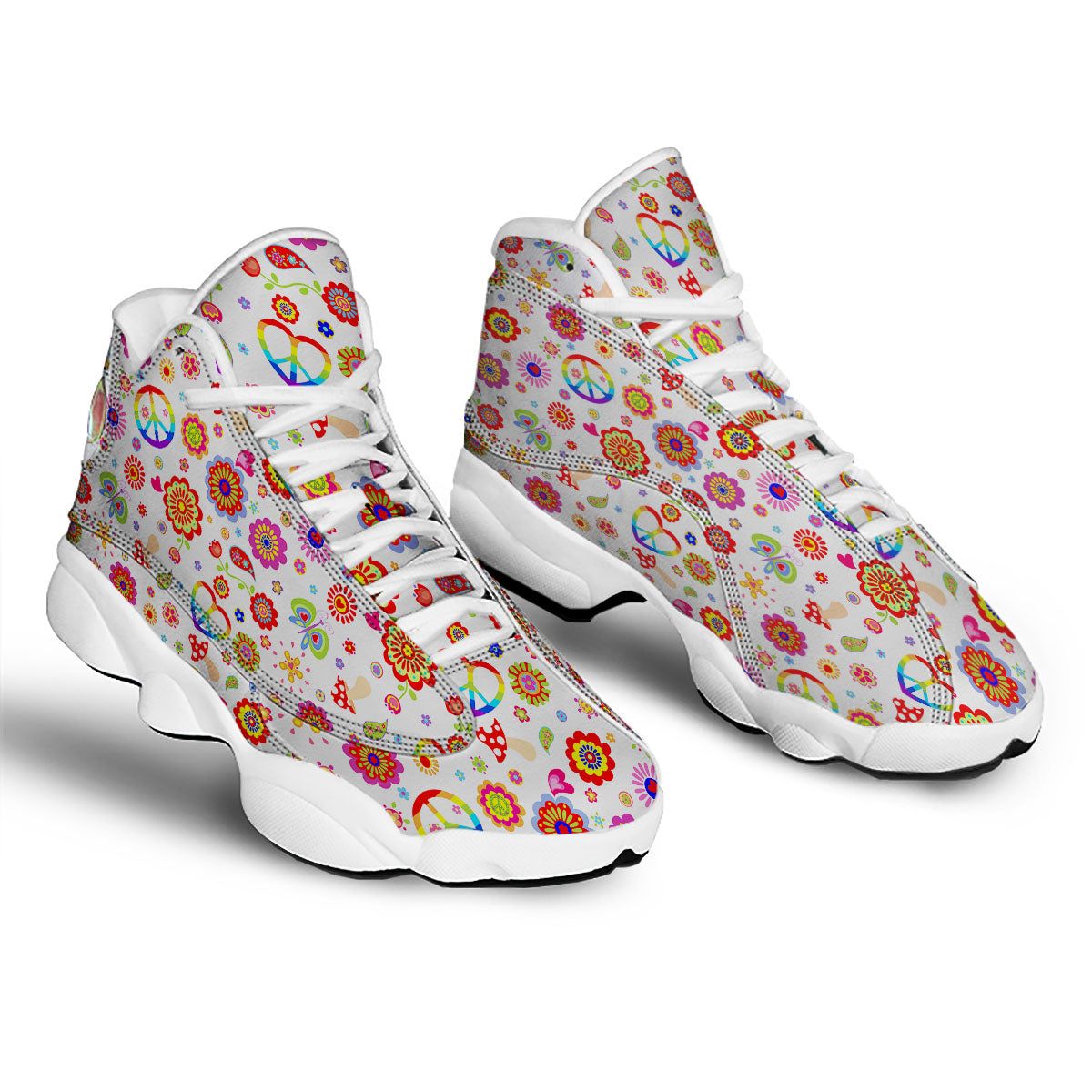 Heart Psychedelic Peace Sign Print Pattern White Basketball Shoes-grizzshop
