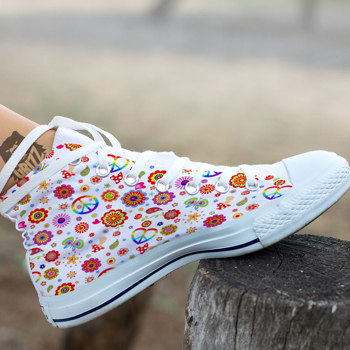 Heart Psychedelic Peace Sign Print Pattern White High Top Shoes-grizzshop