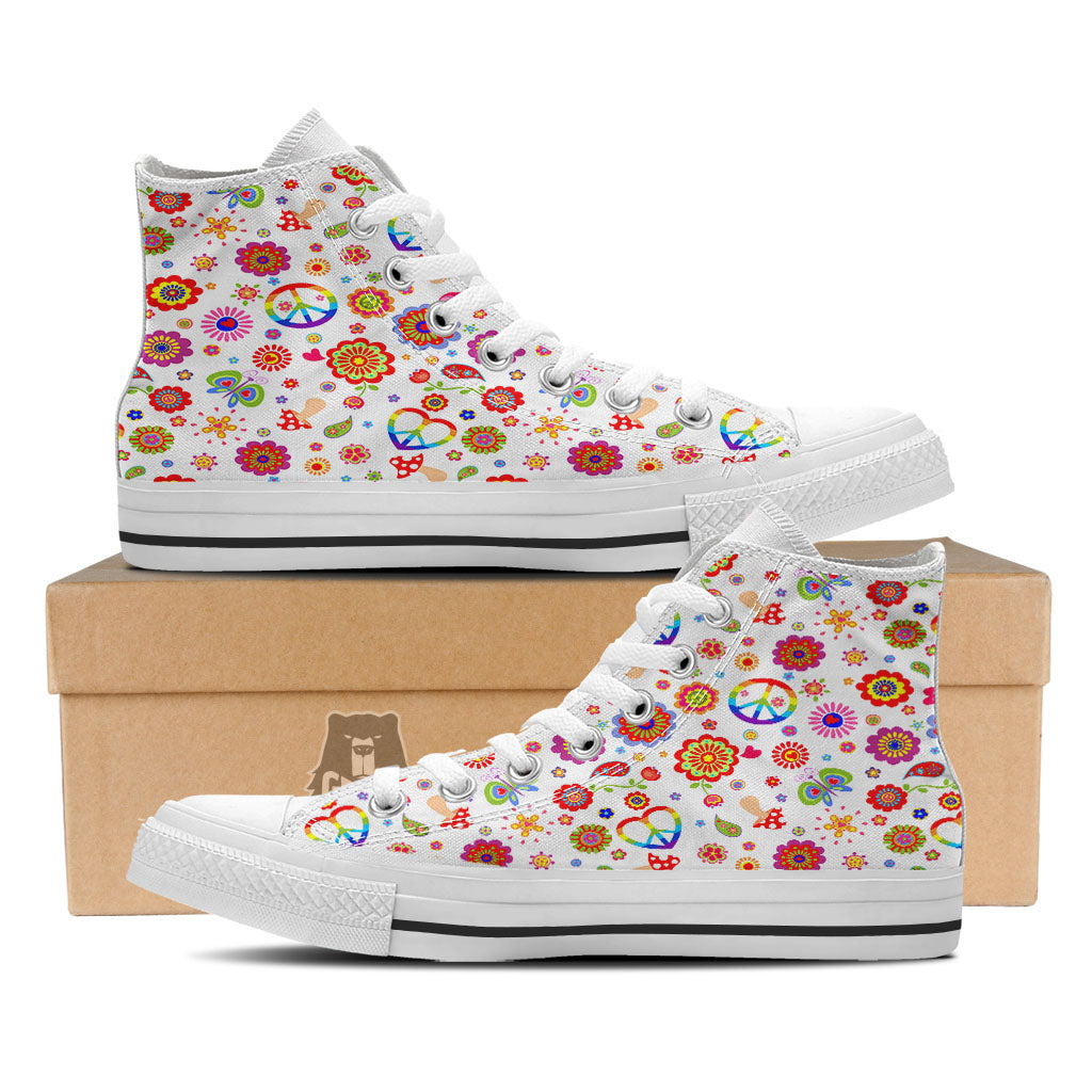 Heart Psychedelic Peace Sign Print Pattern White High Top Shoes-grizzshop