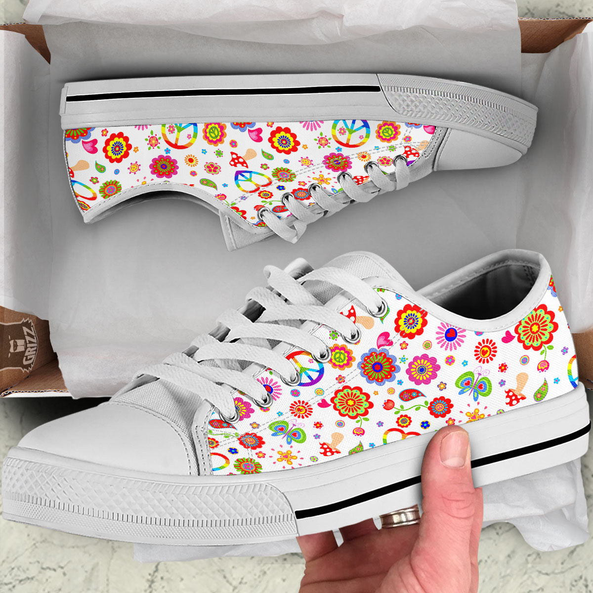 Heart Psychedelic Peace Sign Print Pattern White Low Top Shoes-grizzshop