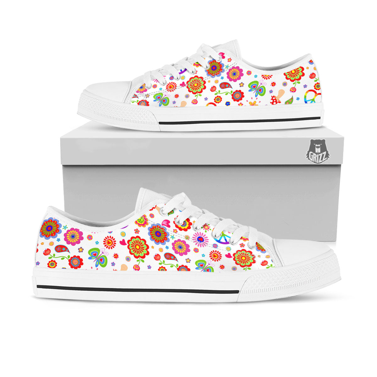 Heart Psychedelic Peace Sign Print Pattern White Low Top Shoes-grizzshop