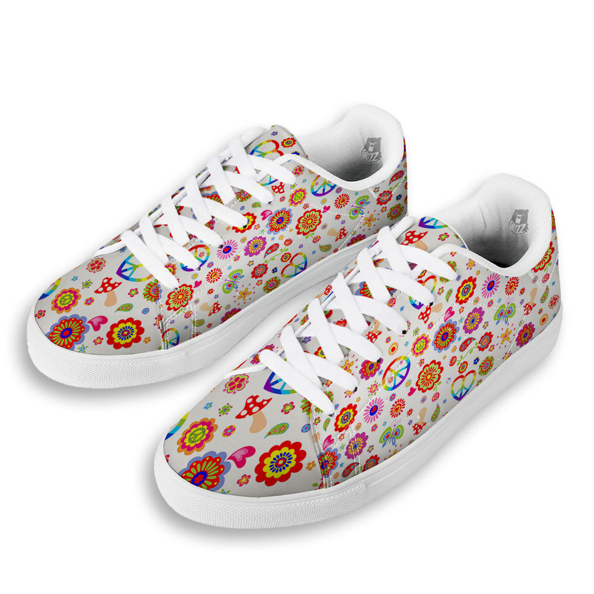 Heart Psychedelic Peace Sign Print Pattern White Low Top Sneakers-grizzshop