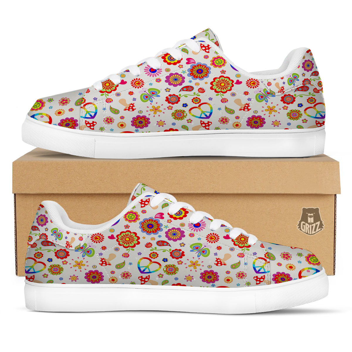 Heart Psychedelic Peace Sign Print Pattern White Low Top Sneakers-grizzshop