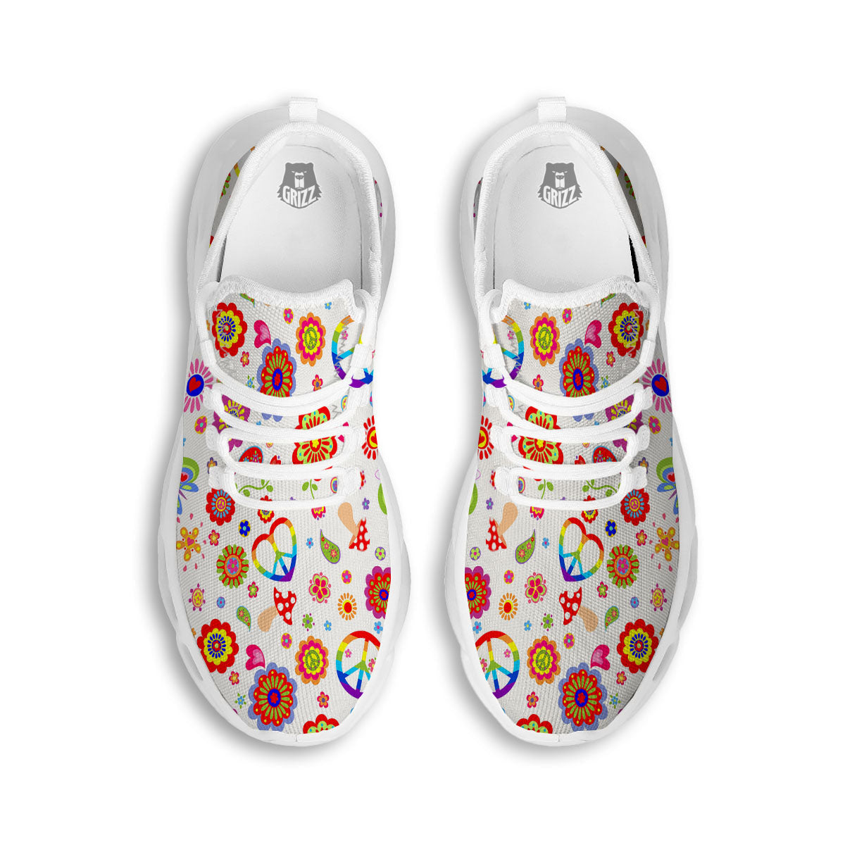 Heart Psychedelic Peace Sign Print Pattern White Running Shoes-grizzshop