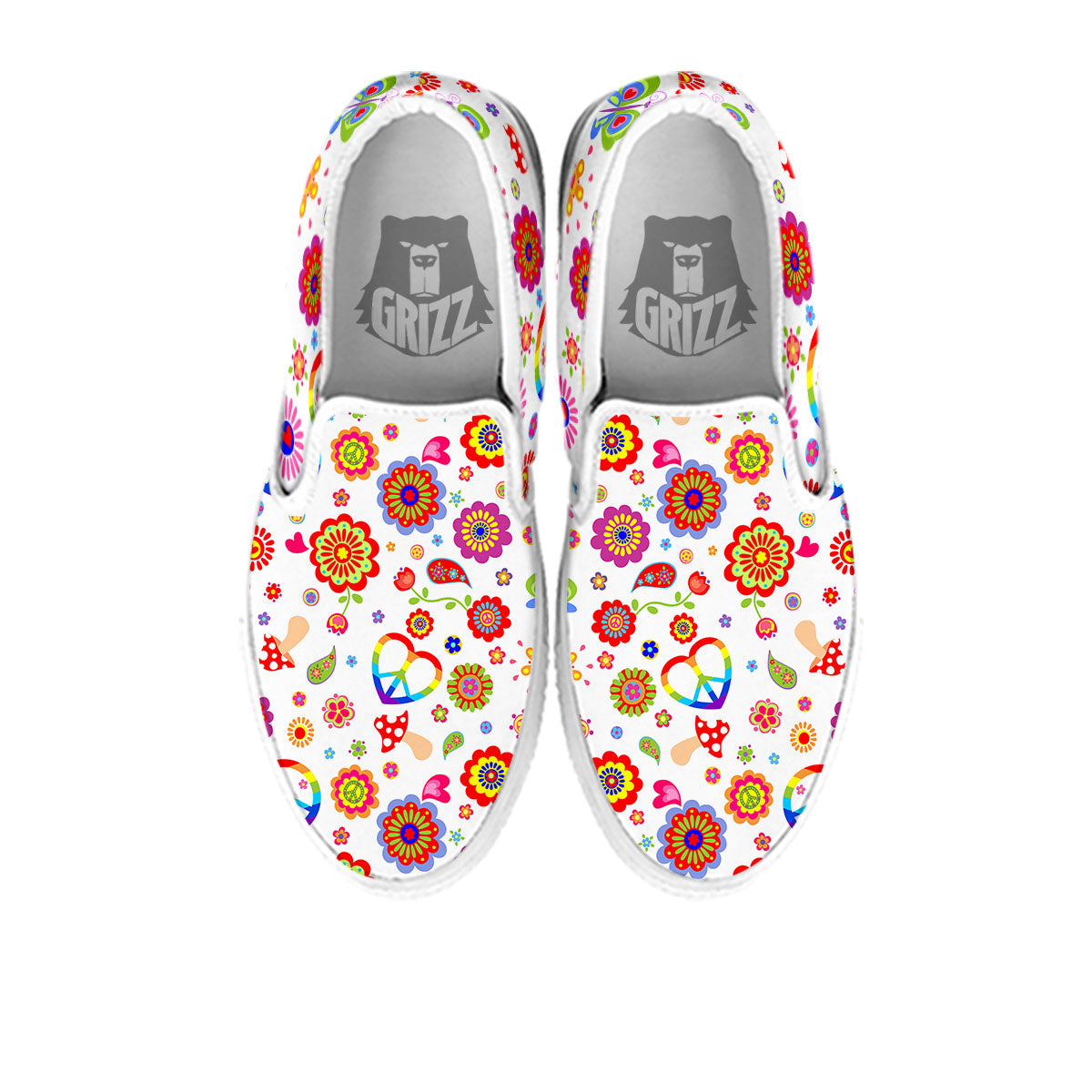 Heart Psychedelic Peace Sign Print Pattern White Slip On Shoes-grizzshop