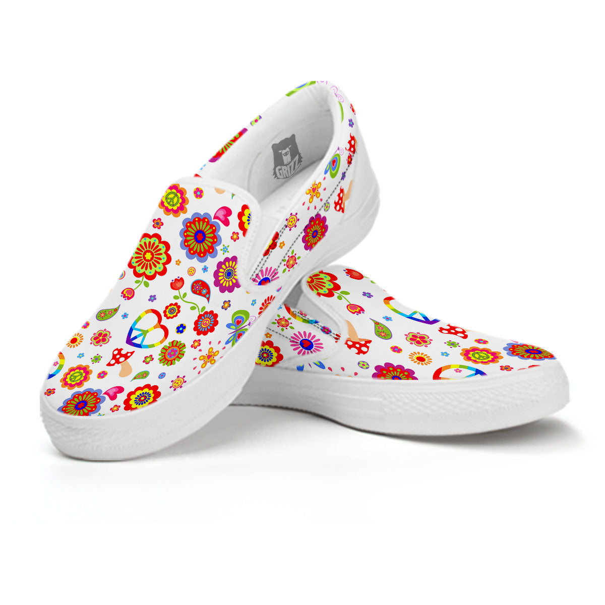 Heart Psychedelic Peace Sign Print Pattern White Slip On Shoes-grizzshop