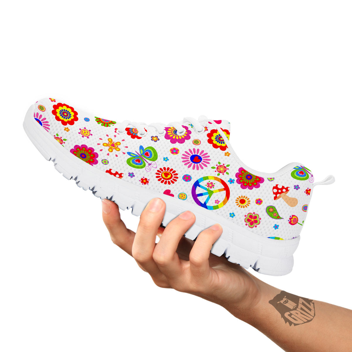 Heart Psychedelic Peace Sign Print Pattern White Sneaker-grizzshop