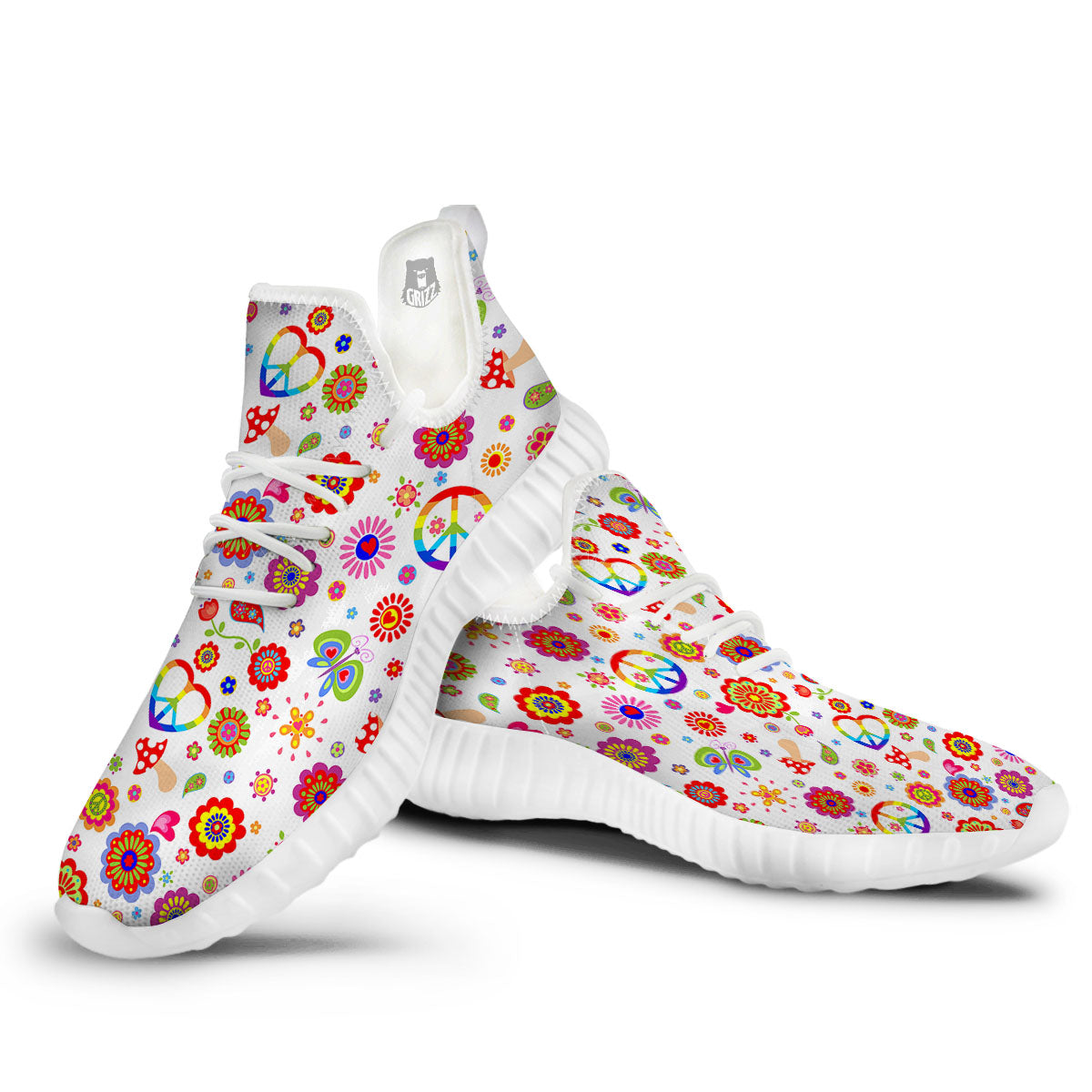 Heart Psychedelic Peace Sign Print Pattern White Walking Shoes-grizzshop
