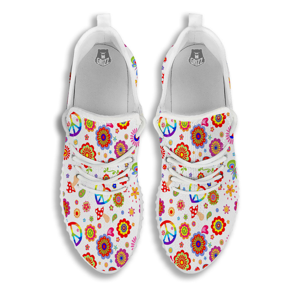 Heart Psychedelic Peace Sign Print Pattern White Walking Shoes-grizzshop