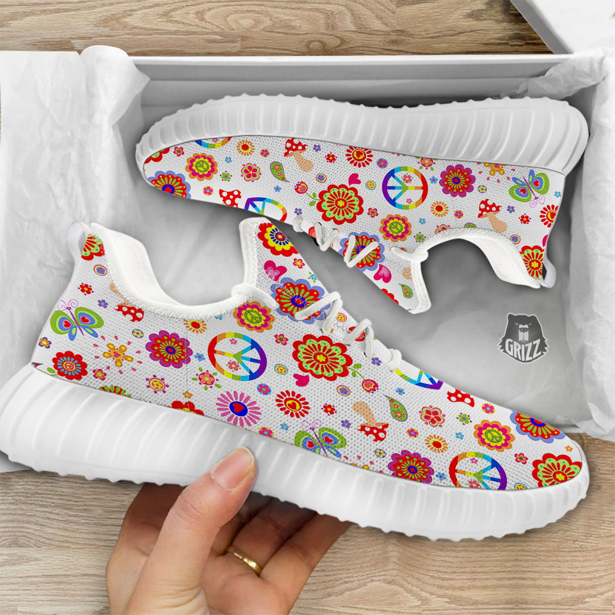 Heart Psychedelic Peace Sign Print Pattern White Walking Shoes-grizzshop