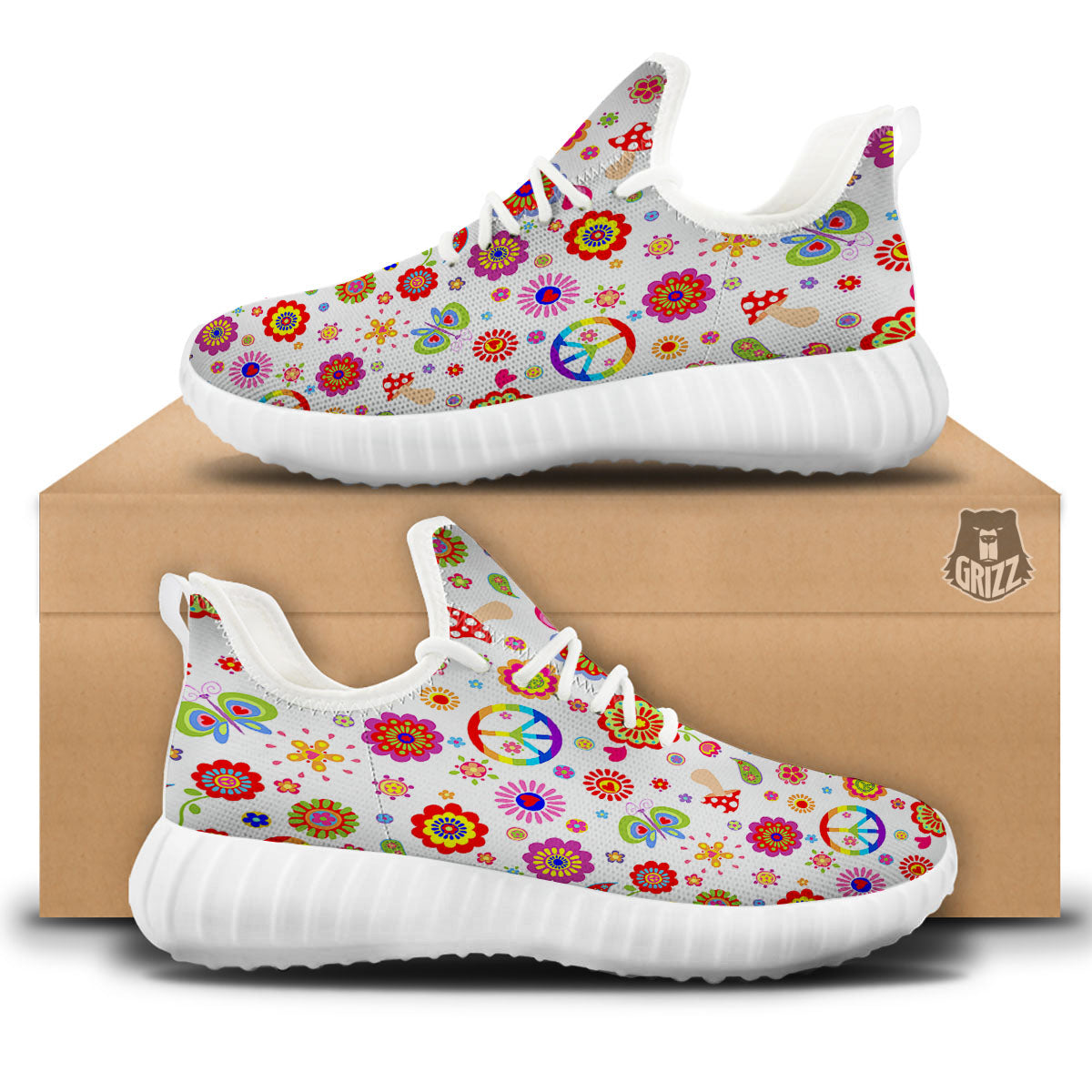Heart Psychedelic Peace Sign Print Pattern White Walking Shoes-grizzshop