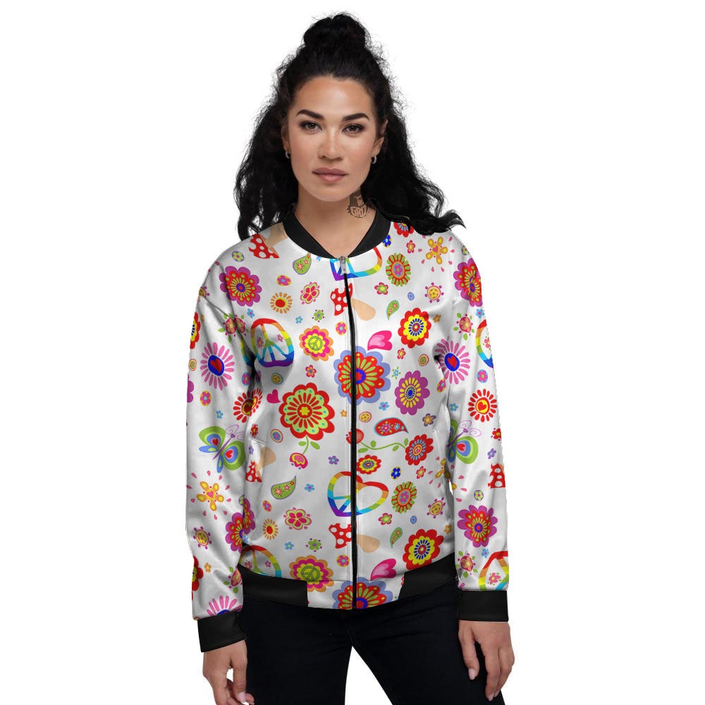 Heart Psychedelic Peace Sign Print Pattern Women's Bomber Jacket-grizzshop