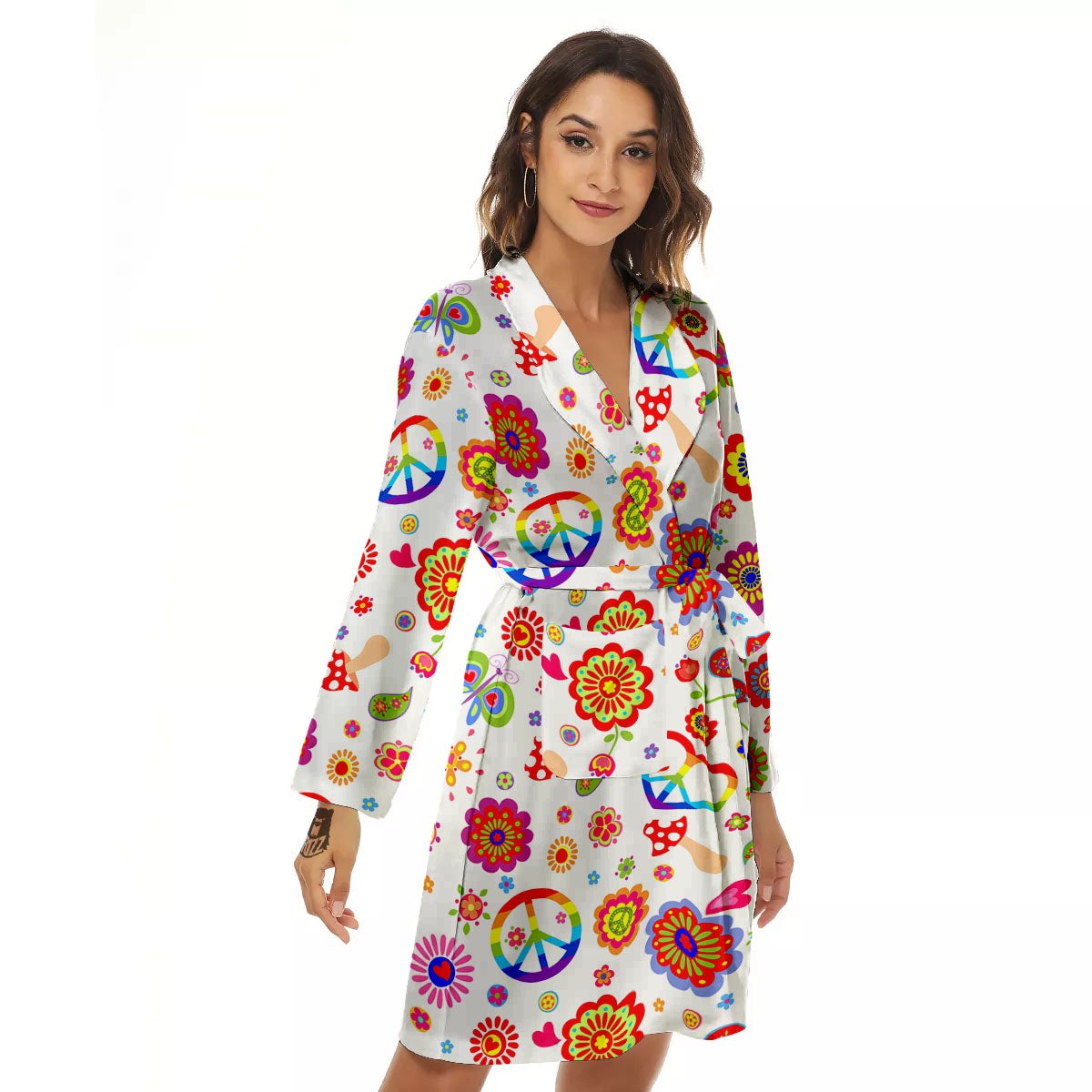 Heart Psychedelic Peace Sign Print Pattern Women's Robe-grizzshop