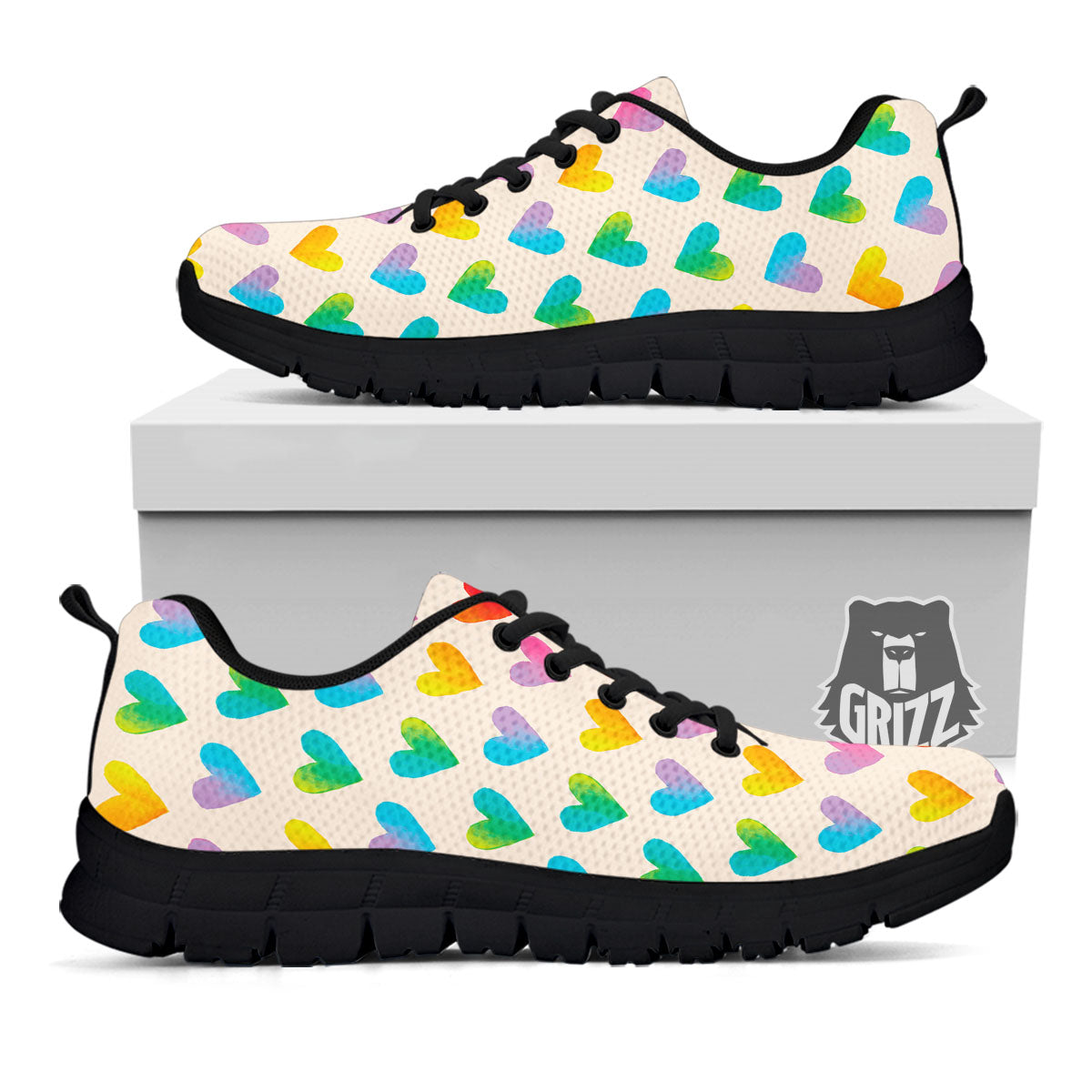 Heart Rainbow Print Pattern Black Sneaker-grizzshop