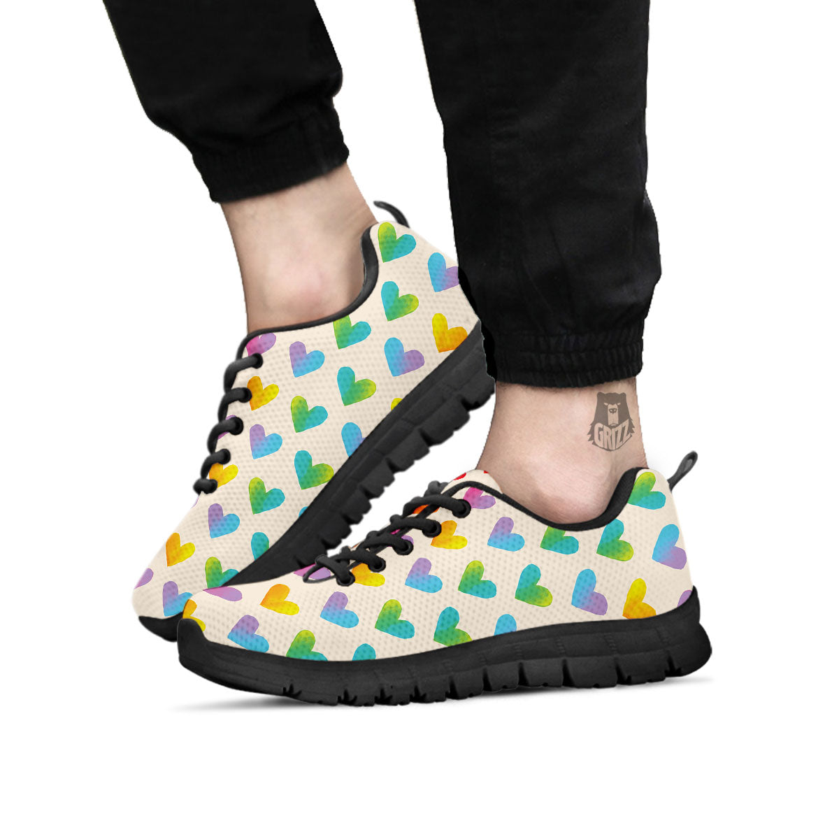 Heart Rainbow Print Pattern Black Sneaker-grizzshop