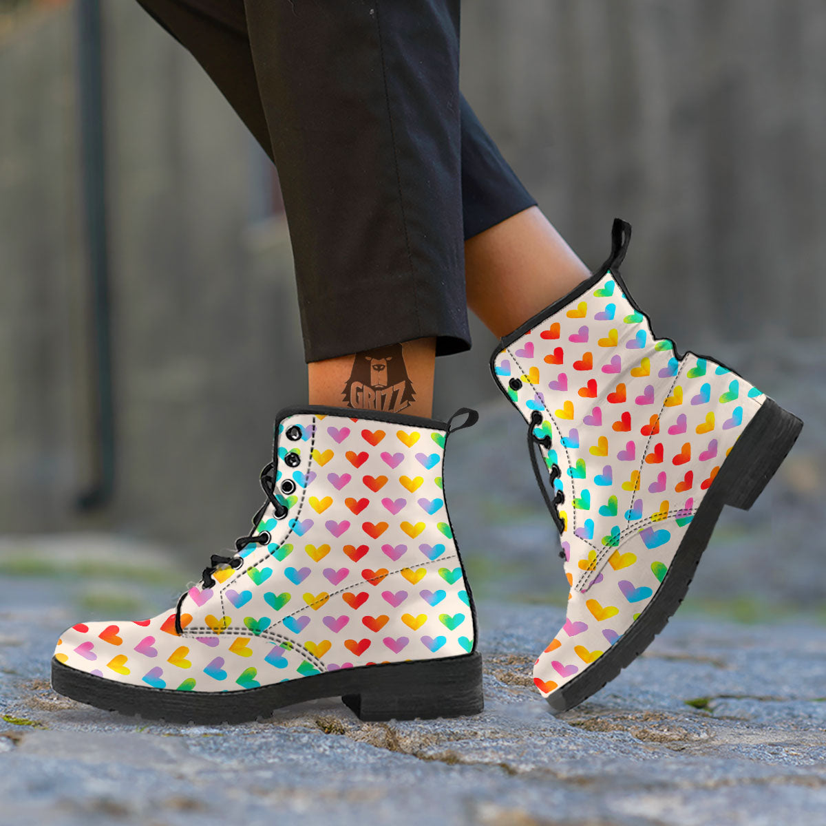Heart Rainbow Print Pattern Leather Boots-grizzshop