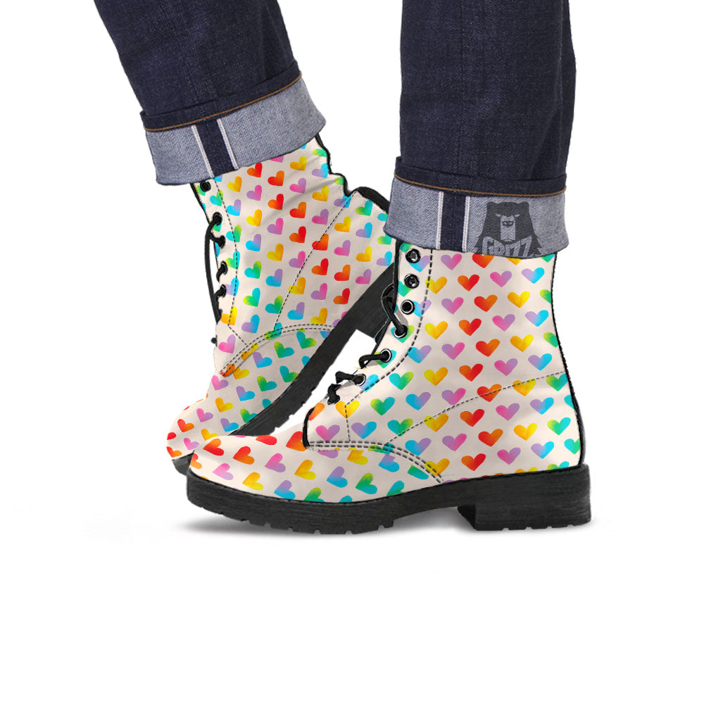 Heart Rainbow Print Pattern Leather Boots-grizzshop