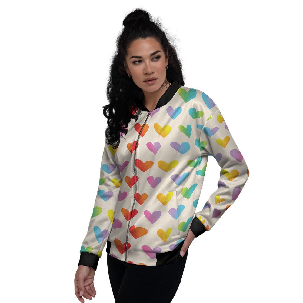 Heart Rainbow Print Pattern Women's Bomber Jacket-grizzshop