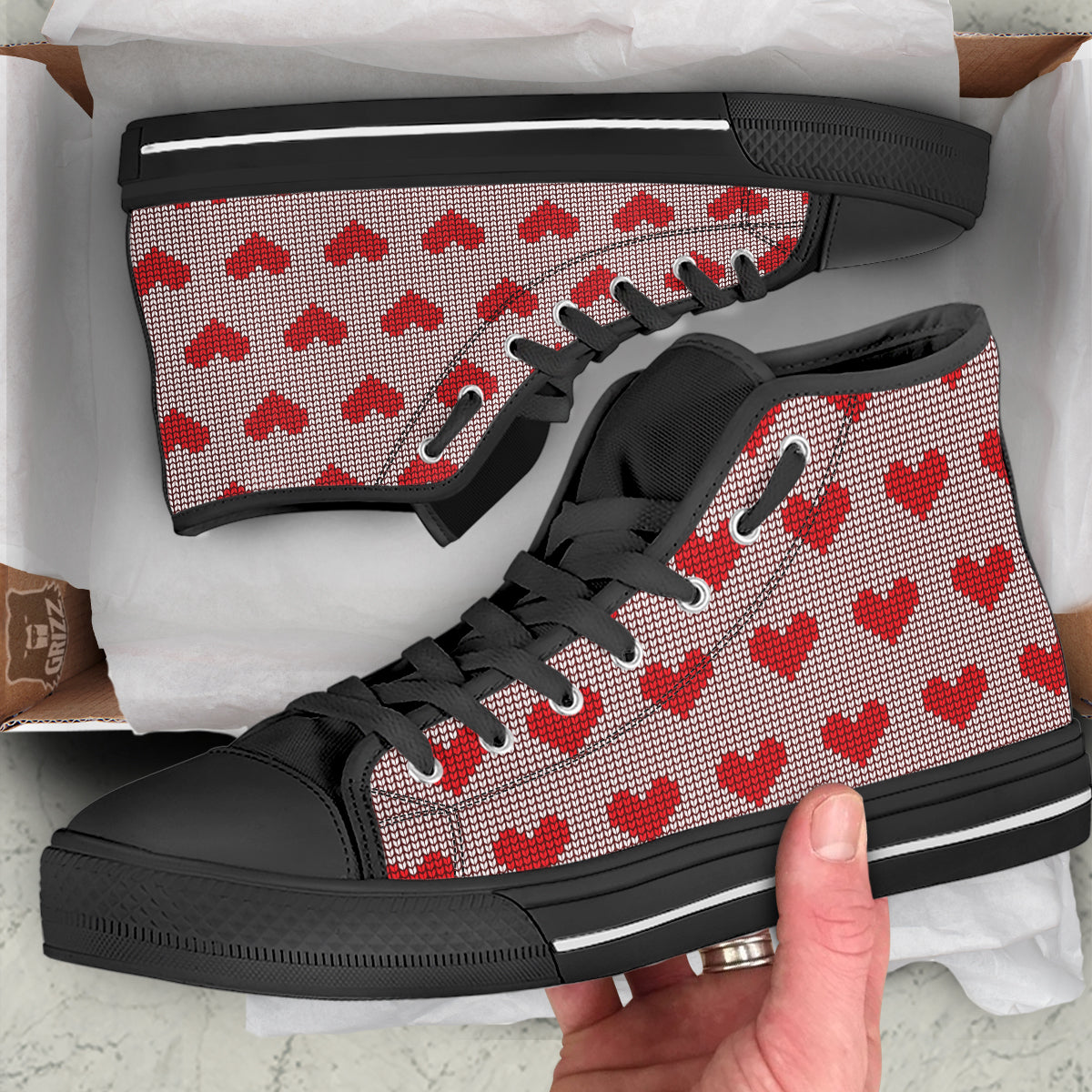 Heart Valentine's Day Print Pattern Black High Top Shoes-grizzshop