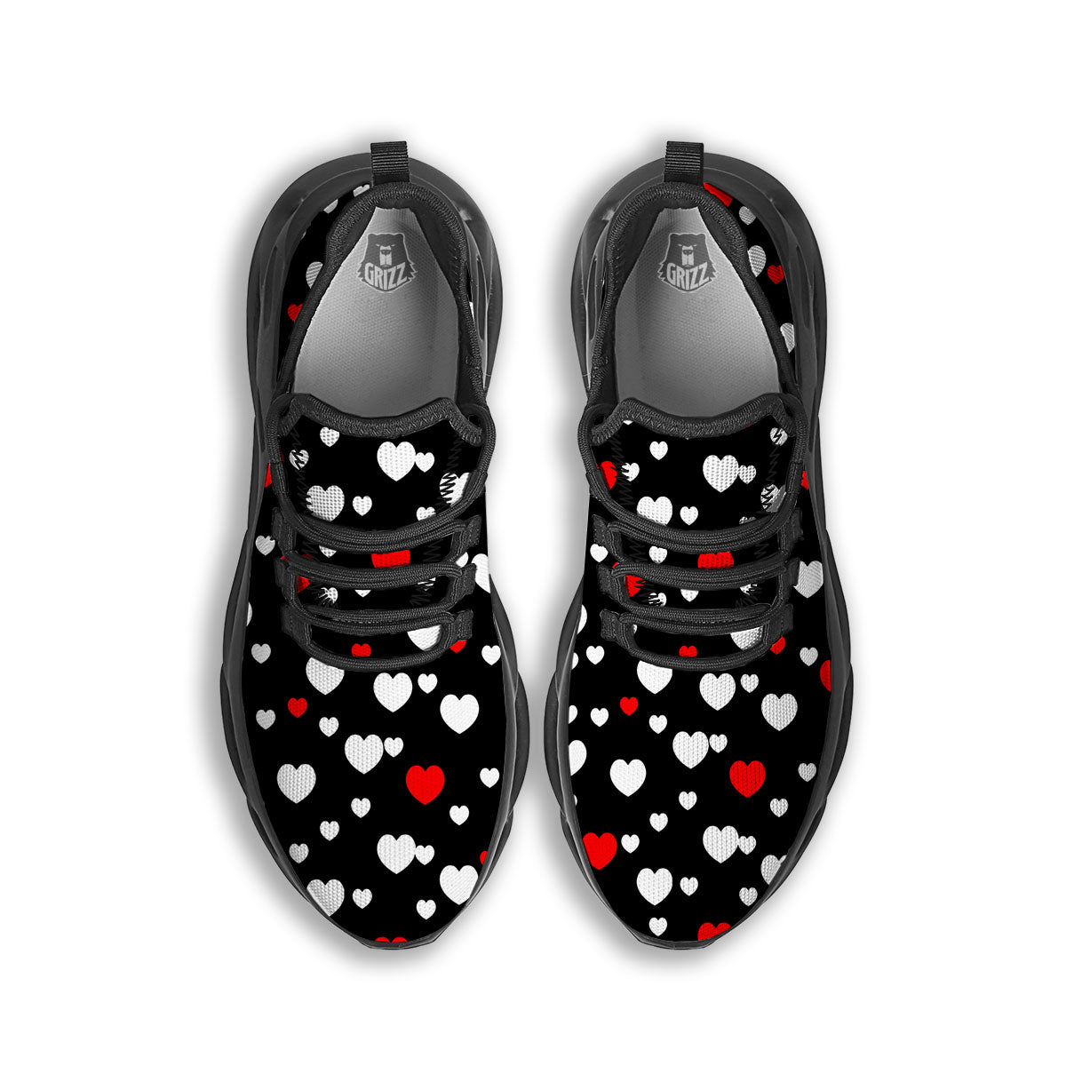 Heart White And Red Print Pattern Black Running Shoes-grizzshop