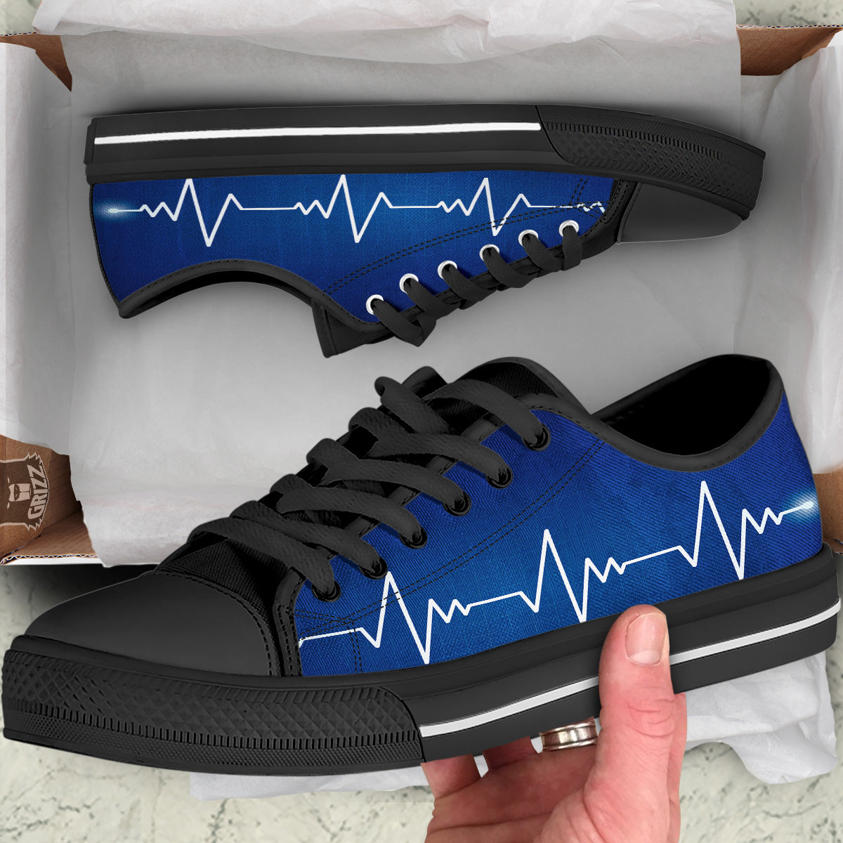 Heartbeat Blue Print Black Low Top Shoes-grizzshop