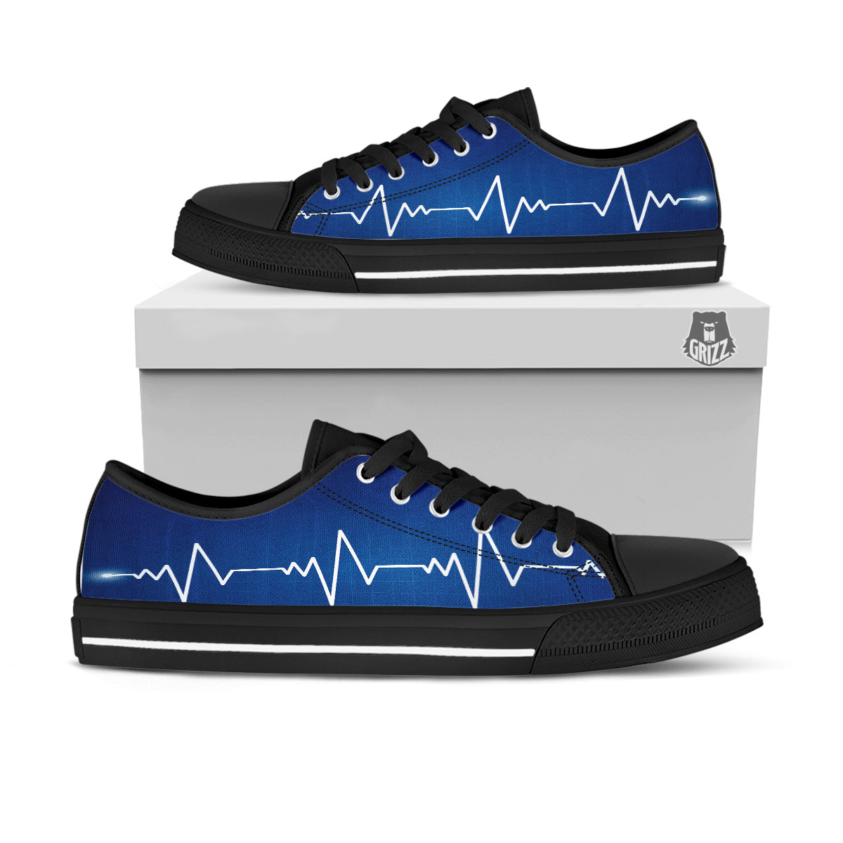 Heartbeat Blue Print Black Low Top Shoes-grizzshop
