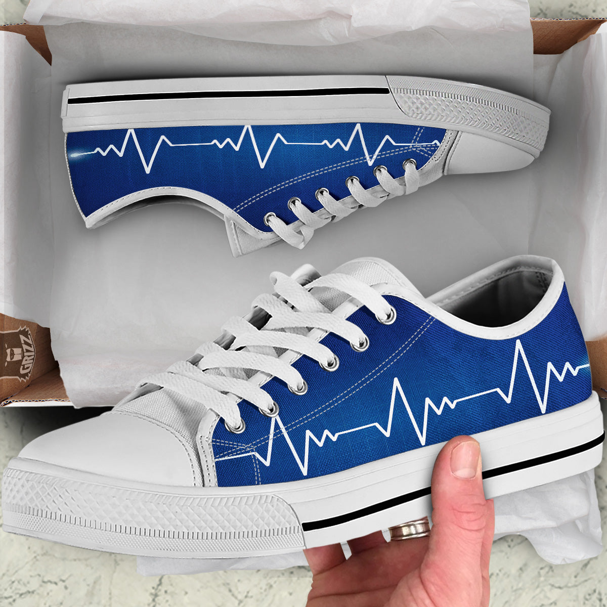 Heartbeat Blue Print White Low Top Shoes-grizzshop