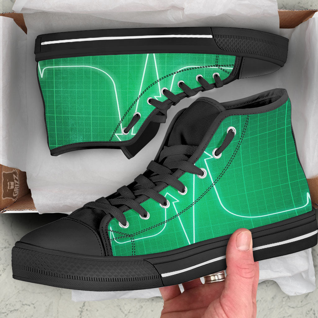 Heartbeat Green Print Black High Top Shoes-grizzshop