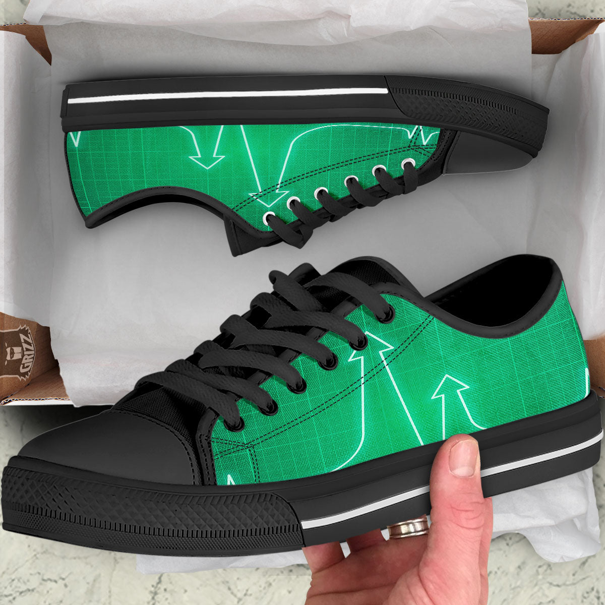 Heartbeat Green Print Black Low Top Shoes-grizzshop