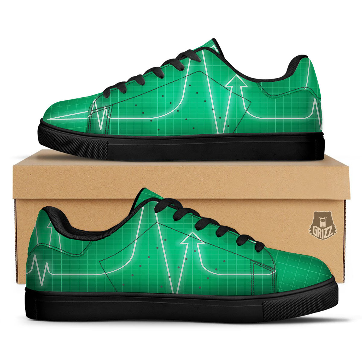 Heartbeat Green Print Black Low Top Sneakers-grizzshop