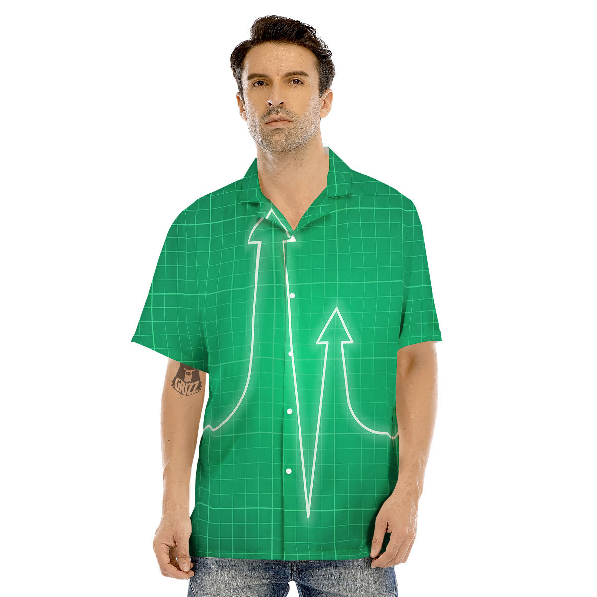 Heartbeat Green Print Men's Hawaiian Shirt-grizzshop