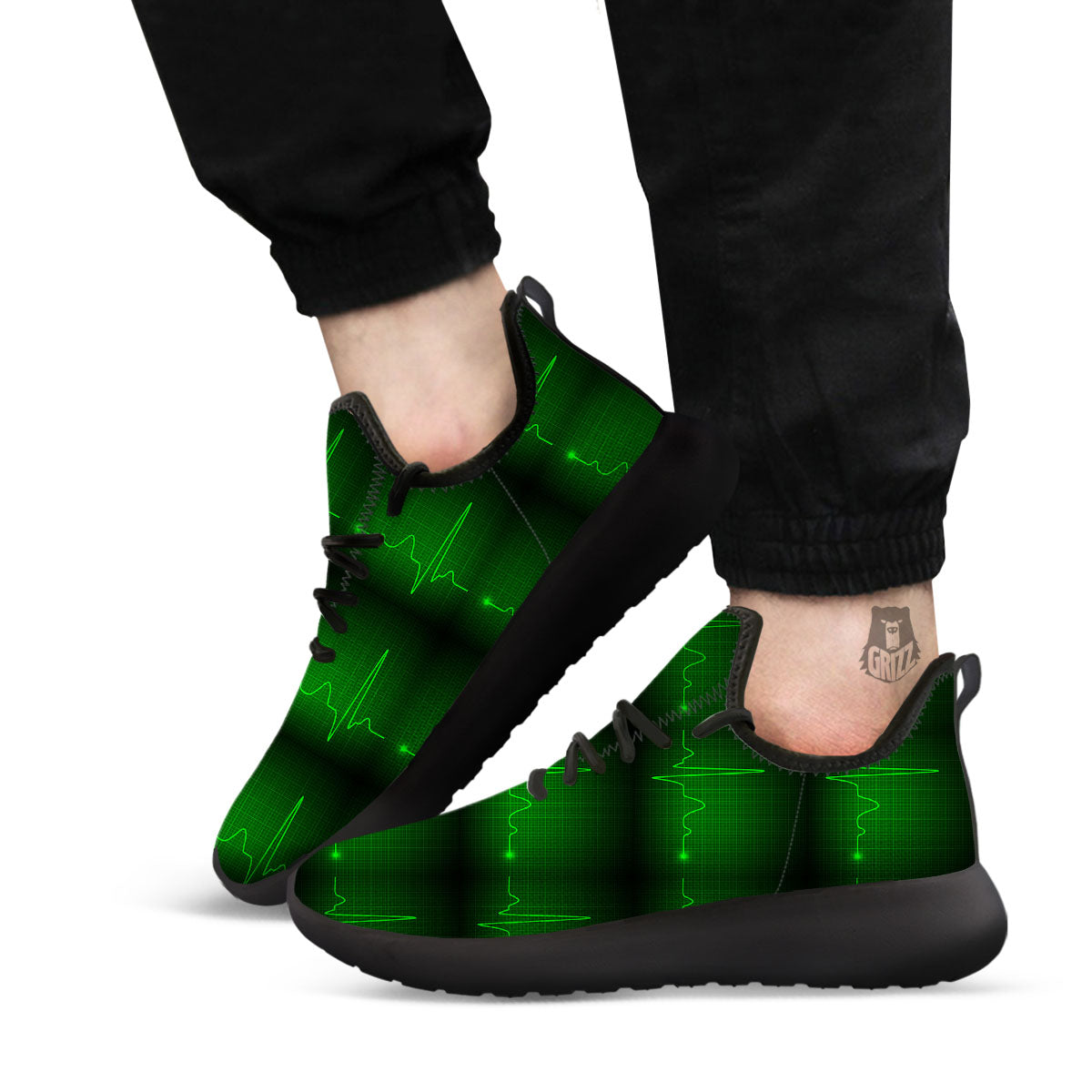 Heartbeat Green Print Pattern Black Athletic Shoes-grizzshop