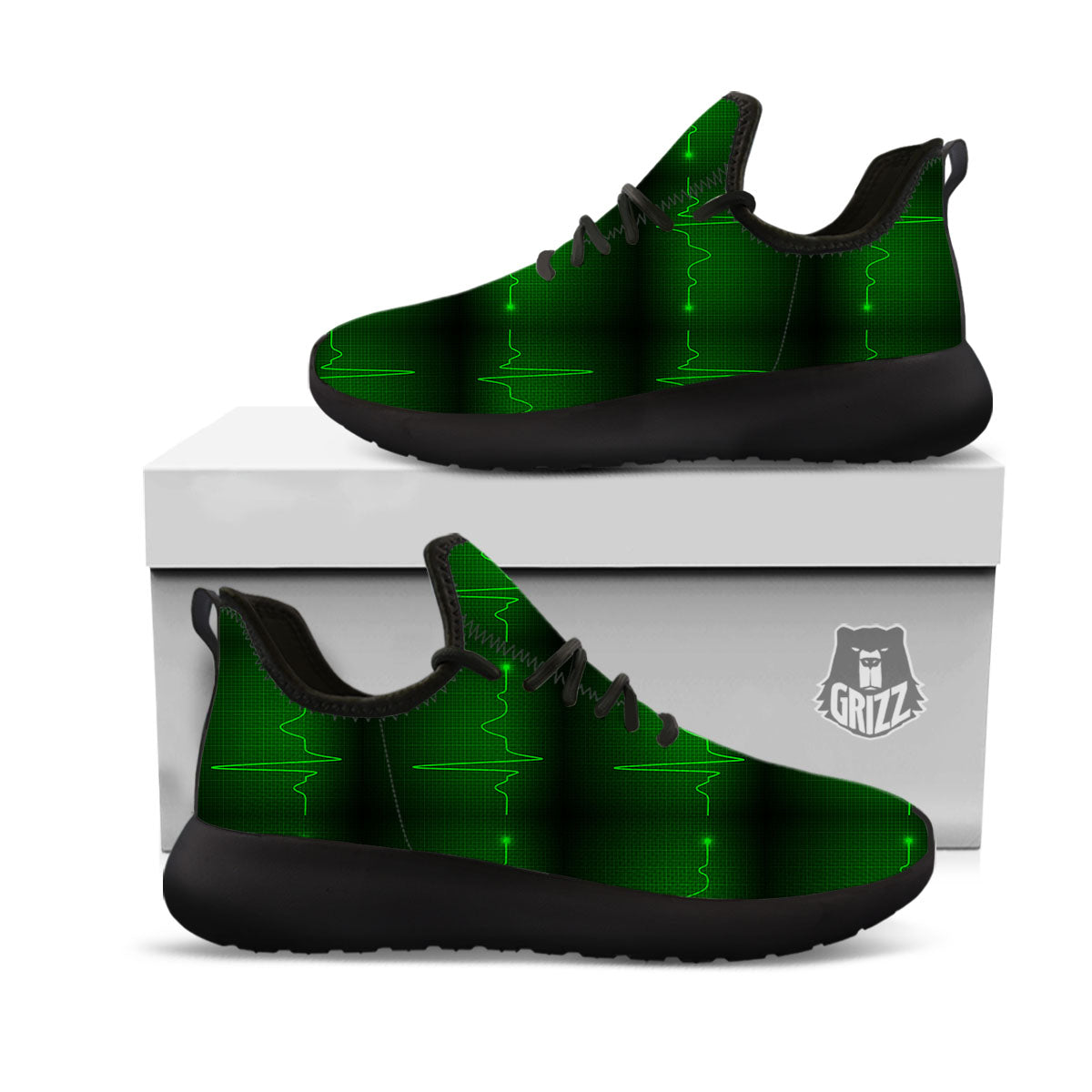Heartbeat Green Print Pattern Black Athletic Shoes-grizzshop