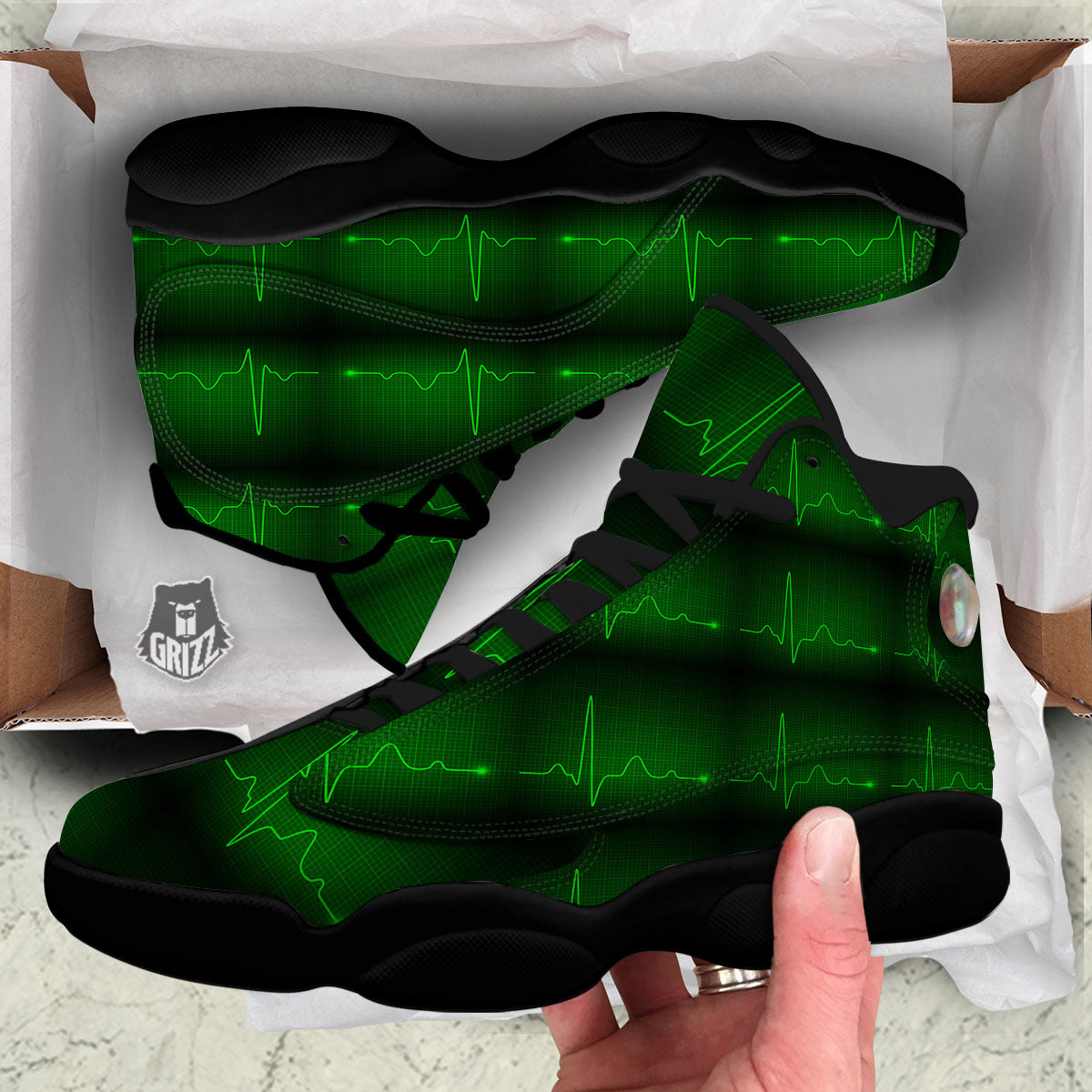 Heartbeat Green Print Pattern Black Basketball Shoes-grizzshop
